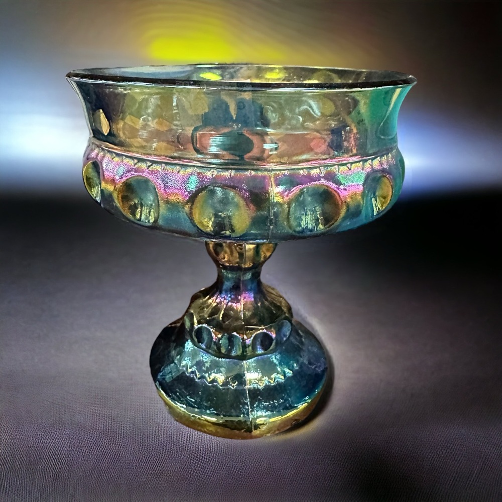 Indiana Glass Pedestal Compote Blue iridescent "Kings Crown" VTG 1970's USA